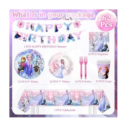 제네릭 Frozen Birthday Party Decorations Favors - 62 PCS Frozen Party Favors - Includes Banner Plates Napkins Cups Tablecloths Forks for Frozen Theme Birthday Supplies