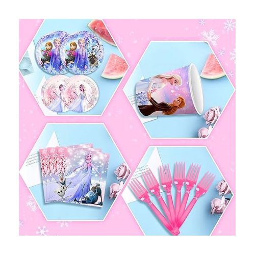 제네릭 Frozen Birthday Party Decorations Favors - 62 PCS Frozen Party Favors - Includes Banner Plates Napkins Cups Tablecloths Forks for Frozen Theme Birthday Supplies