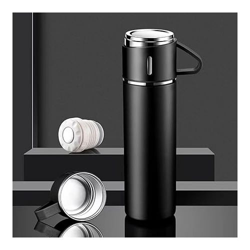 제네릭 Insulated Water Bottle with Cup Travel Coffee Mug with Handle Stainless Steel Tumblers Thermos for Hot and Cold Drinks Water Flask 17 oz/500ml Black