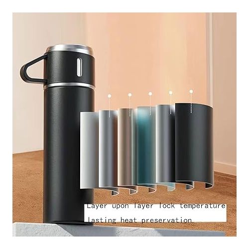 제네릭 Insulated Water Bottle with Cup Travel Coffee Mug with Handle Stainless Steel Tumblers Thermos for Hot and Cold Drinks Water Flask 17 oz/500ml Black