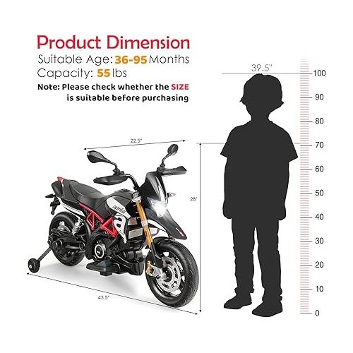 제네릭 FUTADA Kids Ride on Motorcycle, 12V Kids Electric Motorcycle w/Detachable Balance Wheels, Headlight, Music, Foot Pedal, Battery Powered Motor Bike, Birthday Gift for Children Girls Boys (Red)