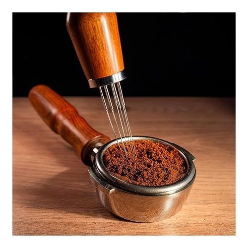 제네릭 WDT Tool Espresso - Espresso Coffee Stirrer Professional - Stainless Steel 8 Needles 0.35mm - Natural Wood Handle Needle Type - Stand Walnut Stirring Distribution