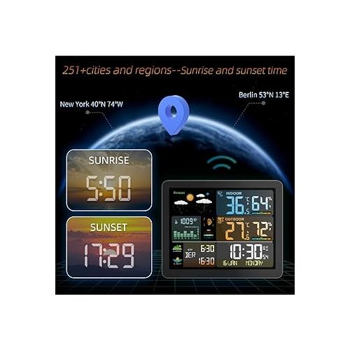 제네릭 Weather Station Indoor Outdoor Thermometer Wireless | Color Display Digital Calendar Sunrise and Sunset Time | Forecast Station with Calendar and Adjustable Backlight