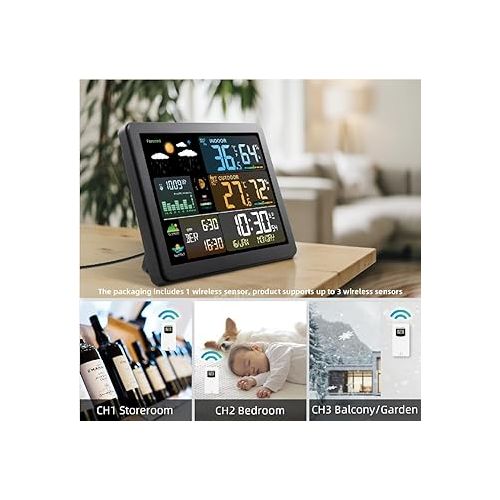 제네릭 Weather Station Indoor Outdoor Thermometer Wireless | Color Display Digital Calendar Sunrise and Sunset Time | Forecast Station with Calendar and Adjustable Backlight