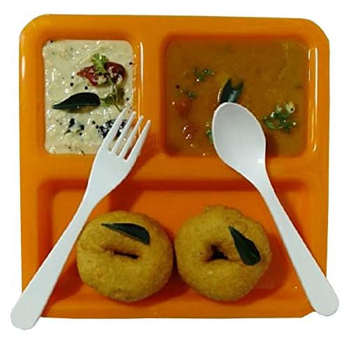 제네릭 Generic Decornt Food-Grade Virgin Plastic (Microwave-Safe) 3-Compartments Divided-Dinner Plate; Set of 3; Length 10 Inches X Breadth 10 Inches; Orange Color.