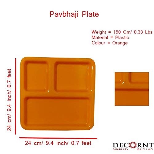 제네릭 Generic Decornt Food-Grade Virgin Plastic (Microwave-Safe) 3-Compartments Divided-Dinner Plate; Set of 3; Length 10 Inches X Breadth 10 Inches; Orange Color.