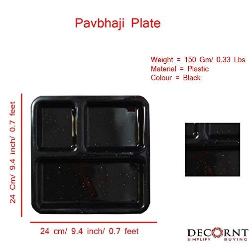 제네릭 Generic Decornt Food-Grade Virgin Plastic (Microwave-Safe) 3-Compartments Divided-Dinner Plate; Set of 3; Length 10 Inches X Breadth 10 Inches; Black Color.