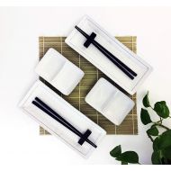 Generic Sushi Dish Set |Beautiful Stoneware, 2 Serving Plates, 2 Condiment Dipping Trays (Divided) & 2 Pairs of Chopsticks| 6pc, Your Choice of Black or White set (White Dish Set)