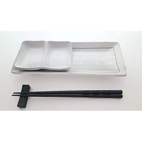 제네릭 Generic Sushi Dish Set |Beautiful Stoneware, 2 Serving Plates, 2 Condiment Dipping Trays (Divided) & 2 Pairs of Chopsticks| 6pc, Your Choice of Black or White set (White Dish Set)