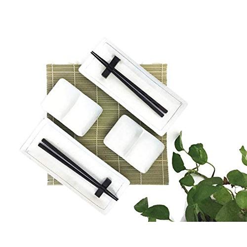 제네릭 Generic Sushi Dish Set |Beautiful Stoneware, 2 Serving Plates, 2 Condiment Dipping Trays (Divided) & 2 Pairs of Chopsticks| 6pc, Your Choice of Black or White set (White Dish Set)