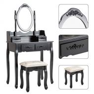 Generic HONBAY Makeup Vanity Table Set and Cushioned Stool with Oval Mirror, 4 Drawers Dressing Table (Black)