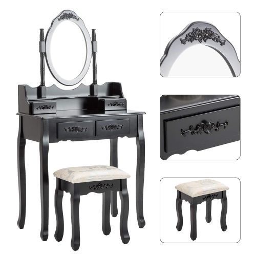 제네릭 Generic HONBAY Makeup Vanity Table Set and Cushioned Stool with Oval Mirror, 4 Drawers Dressing Table (Black)