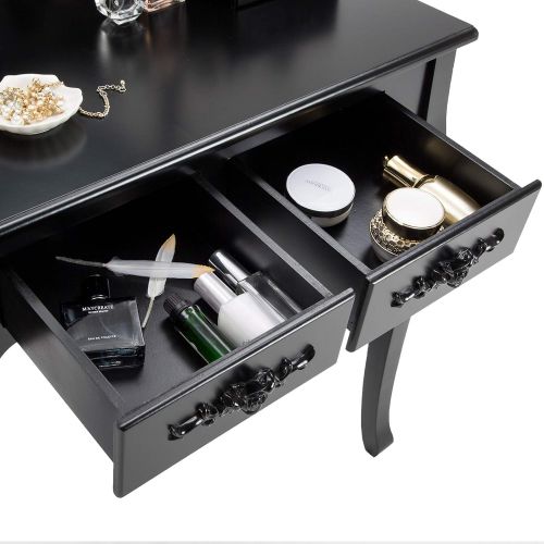 제네릭 Generic HONBAY Makeup Vanity Table Set and Cushioned Stool with Oval Mirror, 4 Drawers Dressing Table (Black)