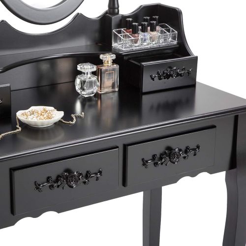 제네릭 Generic HONBAY Makeup Vanity Table Set and Cushioned Stool with Oval Mirror, 4 Drawers Dressing Table (Black)