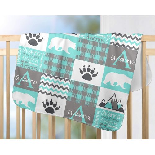 제네릭 Generic Unisex Baby Blanket - Shower Gift - Teal Gray Colors - Mountains Paw Prints Bear (30 x 40 - Minky)