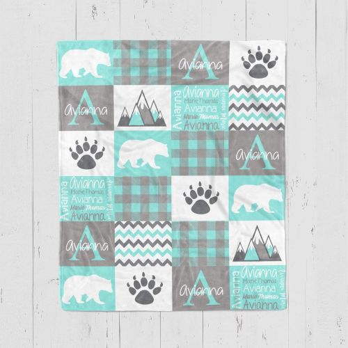 제네릭 Generic Unisex Baby Blanket - Shower Gift - Teal Gray Colors - Mountains Paw Prints Bear (30 x 40 - Minky)