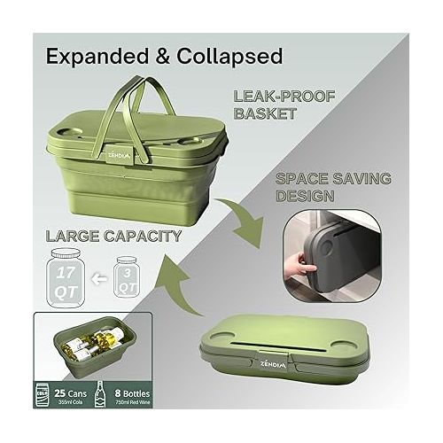 제네릭 Zendim Collapsible Basket with Built-in Table, 16L 17Qt Leak-Proof Foldable Bucket, Anti-Slip Pad, 3-in-1 Multipurpose Design, Perfect for Picnic, Camping, Fishing, Car Wash, Trunk Organizer, Green