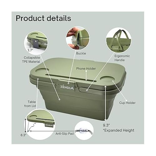 제네릭 Zendim Collapsible Basket with Built-in Table, 16L 17Qt Leak-Proof Foldable Bucket, Anti-Slip Pad, 3-in-1 Multipurpose Design, Perfect for Picnic, Camping, Fishing, Car Wash, Trunk Organizer, Green