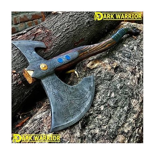 제네릭 Dark Warrior | Custom Handmade Forged Spring Stainless Steel Cratus Leviathan Cratus Axe with Sheath - Real Funcational Viking Axe Hatchet - Hand Craved Solid Rosewood Handle