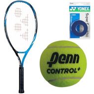Yonex EZONE Bright Blue 25 Inch Junior Tennis Racquet Starter Set or Kit for Boys Bundled with a 3-Pack of Matching Overgrips and Green Dot Play and Stay Tennis Balls