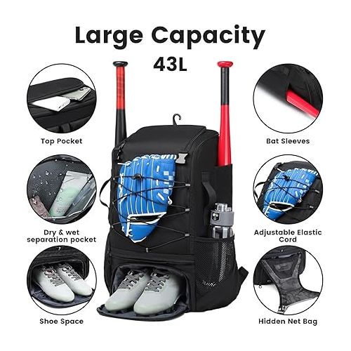 제네릭 Baseball Backpack - Baseball Bag Youth, Lightweight Softball Bat Bag For Boys, Adults, With Fence Hook Hold TBall Bat, Batting Mitten, Helmets, Caps, Teeball Gear