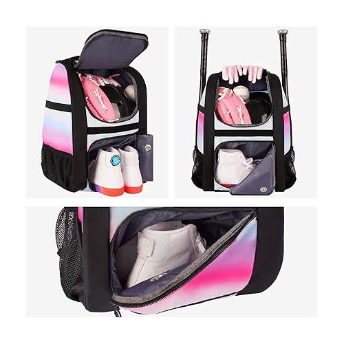 제네릭 Softball Bag, Lightweight Baseball Bat Backpack with Shoe Compartment, Baseball Bag with Fence Hook for TBall Bat & Equipment, Softball Gift Catchers Bags for Women Fit Batting Glove, Helmet