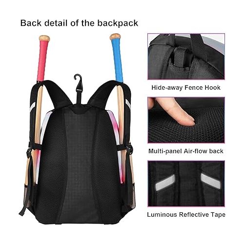 제네릭 Softball Bag, Lightweight Baseball Bat Backpack with Shoe Compartment, Baseball Bag with Fence Hook for TBall Bat & Equipment, Softball Gift Catchers Bags for Women Fit Batting Glove, Helmet