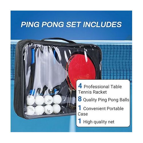 제네릭 Loki High Performance Portable Ping Pong Set. Premium Tennis Table Set with Retractable net, 6 Balls and 4 Profesional Rackets. Storage case. Up to 4 Players. Indoor and Outdoor.