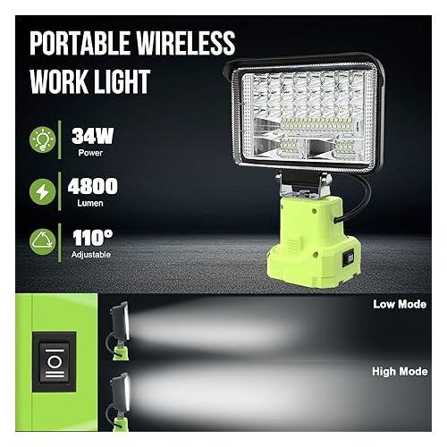 제네릭 Work Light Compatible with Ryobi Light 18V One+ Li-ion and Ni-mh Battery, Portable Flashlight Cordless LED Work Light 32W 5000LM Flashlight Battery Powered Flood Lights for Emergency