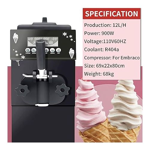 제네릭 Yovtekc 12L/H Soft Ice Cream Machine Commercial, Countertop Soft Serve Ice Cream Maker, Single Flavor Frozen Yogurt Machine, Electric Auto Clean for Restaurant Snack Bar, 900W 110V Black