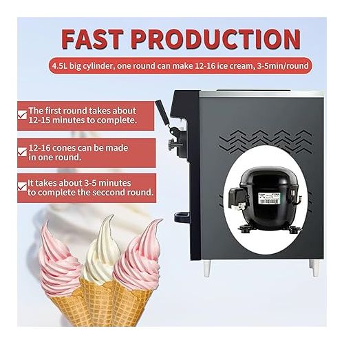 제네릭 Yovtekc 12L/H Soft Ice Cream Machine Commercial, Countertop Soft Serve Ice Cream Maker, Single Flavor Frozen Yogurt Machine, Electric Auto Clean for Restaurant Snack Bar, 900W 110V Black