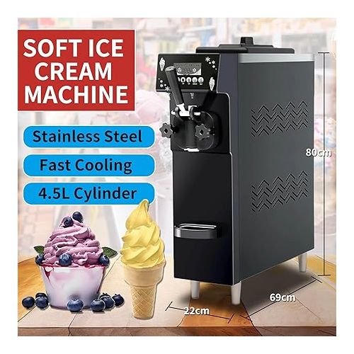 제네릭 Yovtekc 12L/H Soft Ice Cream Machine Commercial, Countertop Soft Serve Ice Cream Maker, Single Flavor Frozen Yogurt Machine, Electric Auto Clean for Restaurant Snack Bar, 900W 110V Black