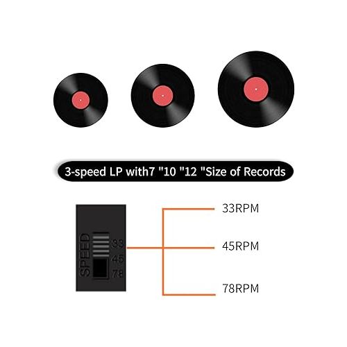 제네릭 Vinyl record player with built-in stereo speakers,Bluetooth turntable, 3-speed portable LP vinyl player with USB playback | SD card playback | RCA | AUX input | headphone jack, Vintage turntable.Black