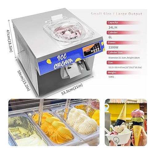 제네릭 Yovtekc 24L/H Commercial Hard Ice Cream Machine, Countertop Gelato Ice Cream Maker, Italian Ice Machine Sorbet Maker for Snack Bar Restaurant, 15 min/Batch, Low Noise, 1300W 110V