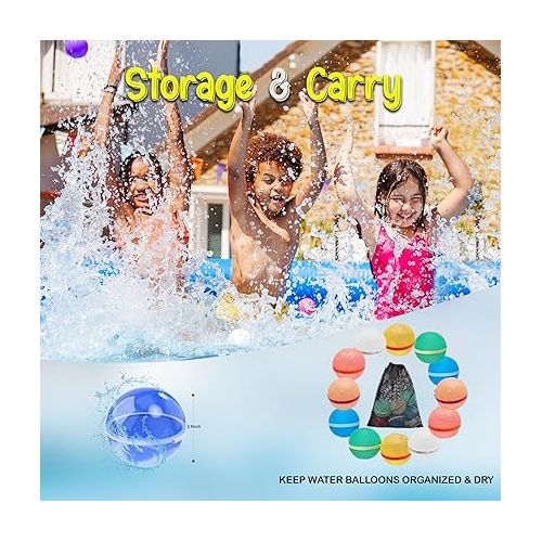 제네릭 12 Pcs Reuseable Water Balloons, Soft Quick Fill Water Toys for Kids Age 3-12 Years, Refillable Magnetic Water Balls for Outdoor Play, Water Games for Kids Outside