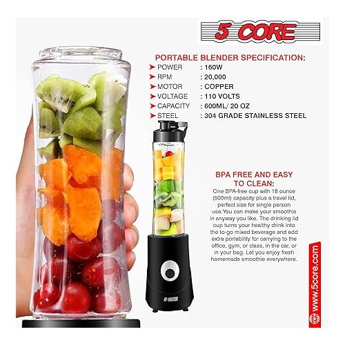 제네릭 5 Core Smoothie Blender Personal Blender for Shakes and Smoothies 300W Powerful Food Processor with 20oz Portable Sports Bottle Single Blend Easy To Clean BPA Free 5C 421