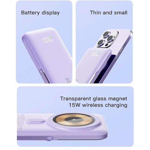 제네릭 INNOVATIVE Magnetic Power Bank LED 10000mAh,2-in-1 for Magsafe Portable Charger with Slim Fast Charging Battery, Kick Stand ,Phone Powerbank Compatible with iPhone 15/14/13/12/11 (Blue)