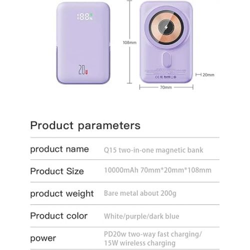 제네릭 INNOVATIVE Magnetic Power Bank LED 10000mAh,2-in-1 for Magsafe Portable Charger with Slim Fast Charging Battery, Kick Stand ,Phone Powerbank Compatible with iPhone 15/14/13/12/11 (Blue)