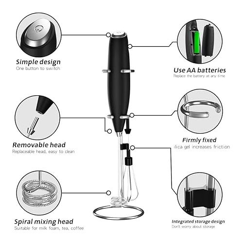 제네릭 SAM'S Kitchen Powerful Double Whisk Milk Frother Handheld - Foam Maker With 2 Heads and Stand - Whisk Drink Mixer for Coffee, Latte, Frappe, Matcha, Hot Chocolate, Cappuccino, Egg, Whip cream (Black)