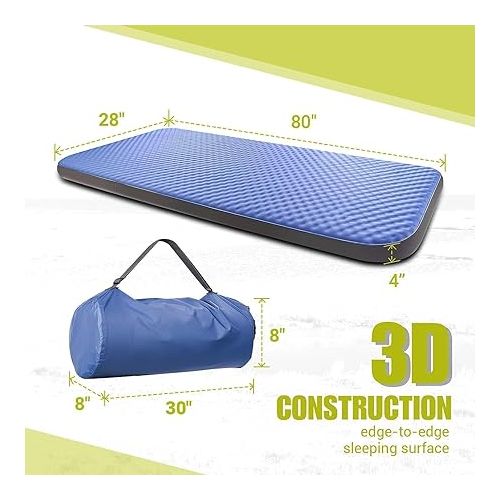 제네릭 Single Self Inflating Camping Mattress, 80”×28” Sleeping Pad, Ultra Comfortable Side Sleep Friendly 4 Inches Thick PU Foam, Portable Roll Up Floor Guest Bed, TPU Material, Blue