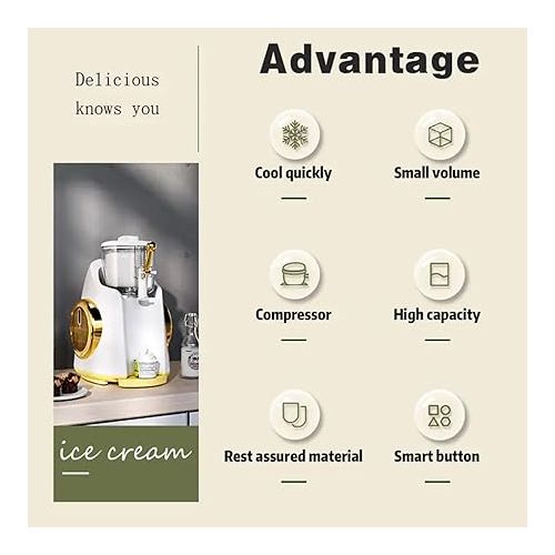 제네릭 Household 800ML Mini Fully Automatic Soft Ice Cream Machine, Single Flavor Desktop Soft Ice Cream Machine, Automatic Cleaning, Suitable For Family Gatherings, Restaurants, Cafes, Snack Bars White