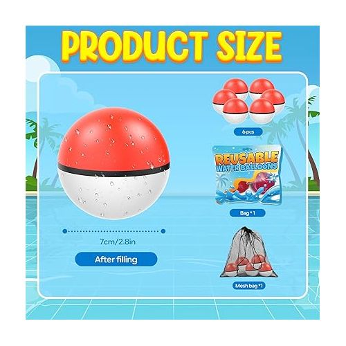 제네릭 6 Pcs Reusable Water Balloons Sets - Red White Water Balloons Quick Fill With Draining Bag - Summer Outdoor Activities beach toys Pool Party Toys for Kids