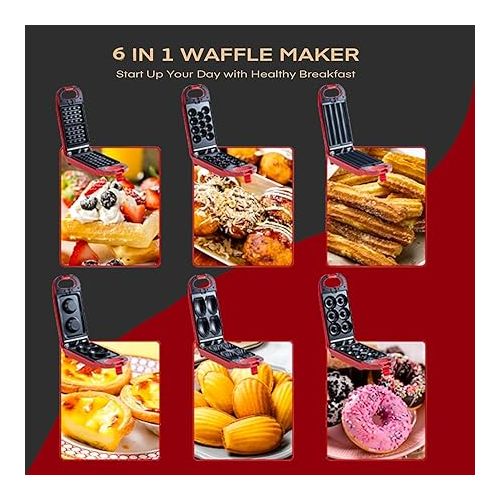 제네릭 6 IN 1 Mini Waffle Maker Mini Donut Maker Cake Maker for Making Waffles, Deep-fried Dough Sticks, Doughnuts, Madeleine Cake, Macadamia Bread Cookies,Pop cake maker,Egg Tart,Compact Size