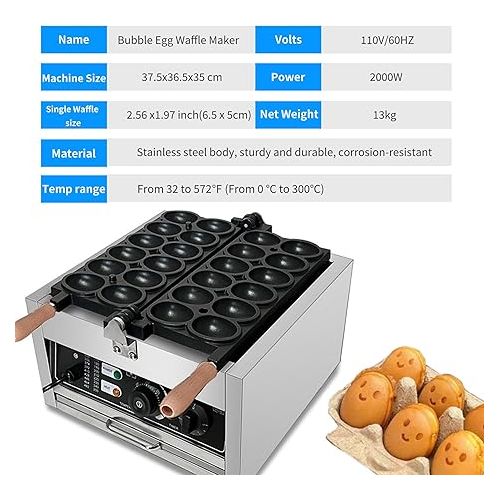 제네릭 Mvckyi Commercial Bubble Waffle Maker Machine, 12pcs Egg Shaped Waffle Maker Hong Kong, Egg Cooker Waffle Iron Pancake Baker, Non Stick Temperature Control, for Restaurant, Snack Bar