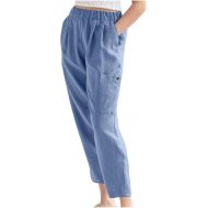 Womens Linen Pants Summer Casual High Waist Elastic Cropped Trousers with Pockets Solid Plus Size Trendy Loose Fit Pants