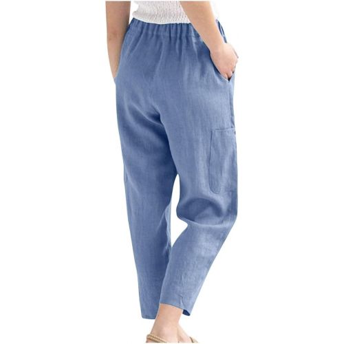 제네릭 Womens Linen Pants Summer Casual High Waist Elastic Cropped Trousers with Pockets Solid Plus Size Trendy Loose Fit Pants