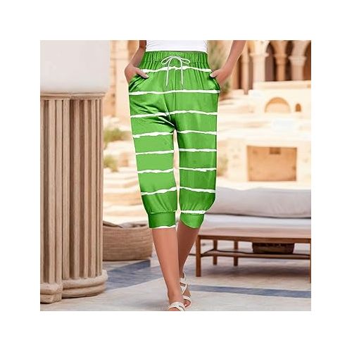 제네릭 Capri Pants for Women Summer Casual Loose Drawstring Waisted Pants Fashion Resort Wear Beach Vacation Capris Clothes