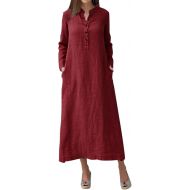 Cocktail Dress for Women Solid Color Round Button Up Long Sleeve Midi Length Loose Dress Trendy 2024