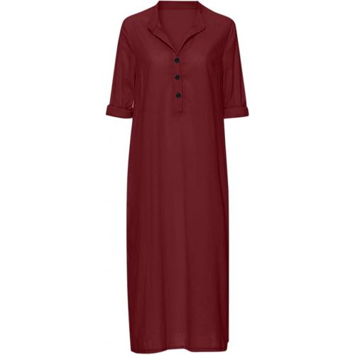 제네릭 Cocktail Dress for Women Solid Color Round Button Up Long Sleeve Midi Length Loose Dress Trendy 2024