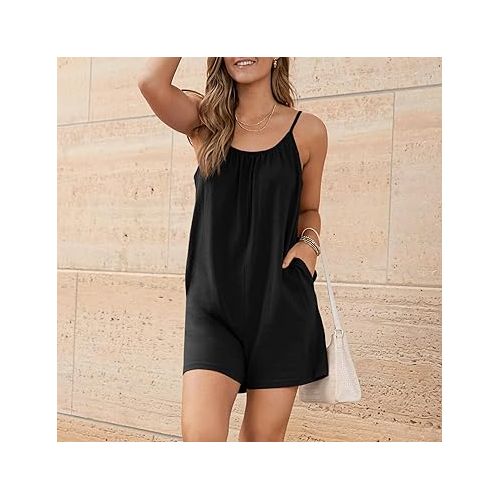 제네릭 Women's Romper Sleeveless Romper Loose Jumpsuits Bibs Shortalls Jumpsuit Rompers with Pockets